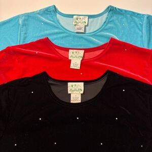Quacker Factory Rhinestone Velvet T-Shirts Lot of 3 Womens Plus 1X Stretch Bling
